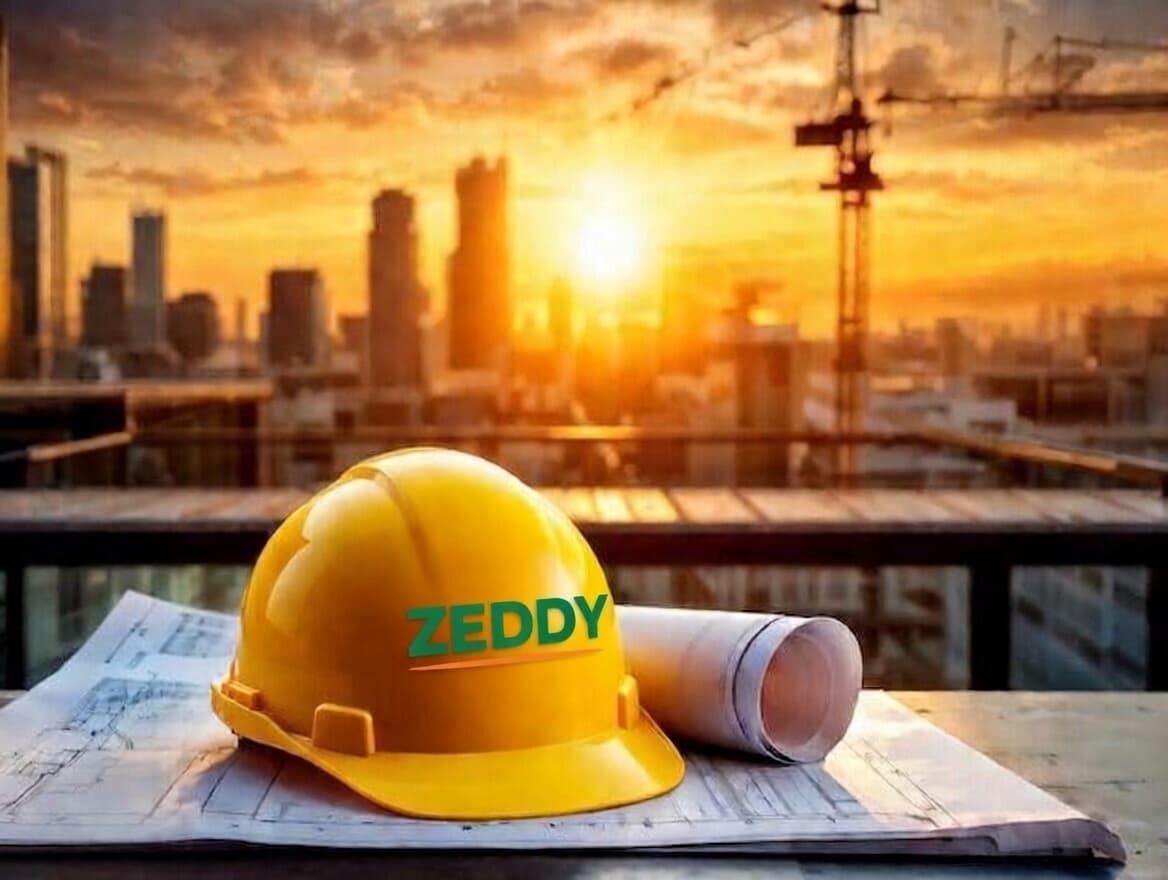 Zeddy branded hard hat overlooking industrial site